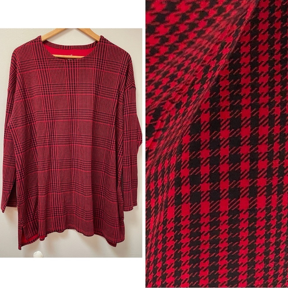 J. Jill Size XL Petite Simply Supima Red Black Houndstooth Plaid Crew Tunic Top